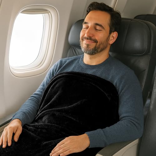 Comfort Fly Travel Blanket & Pillow – 2-in-1 Micro Plush Airplane Blanket with Carry Case (40" x 70") - Black - color: Black