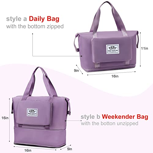 ZGWJ Travel Tote Bags, Expandable Overnight Weekender Bag for Women Foldable Carry-On - color: Purple