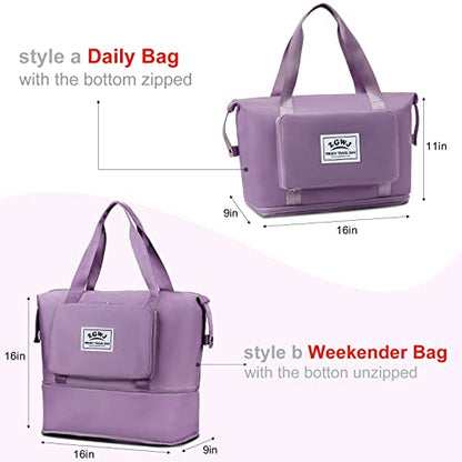 ZGWJ Travel Tote Bags, Expandable Overnight Weekender Bag for Women Foldable Carry-On - color: Purple
