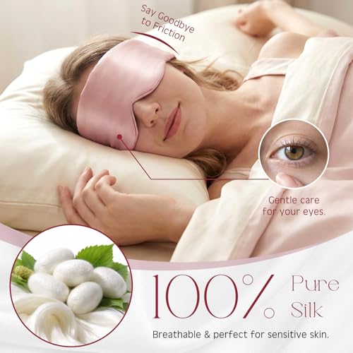 Bonuci 2 Pack Silk Sleep Mask for Side Sleepers & Couples, 100% Mulberry Silk, Adjustable No-Slip Strap, Soft Padded Eye Cover Blindfold for Blackout Women Men Gift Sensitive Skin Travel, Pink/Black