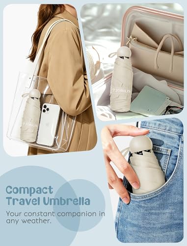 Jorilis Mini Compact Travel Umbrella with Case, Pocket Size UV Sun & Rain - color: Beige