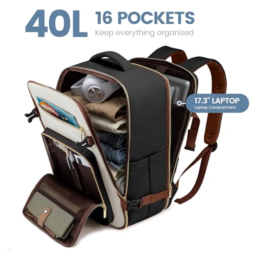 LOVEVOOK Travel Backpack For Women,40L Carry On TSA Personal Item Bag - color: Brown and White and Black, size: 17.3 Inch-40L-4Pcs