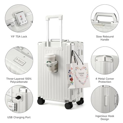 MYER Hard Case 24 Inch Checked Luggage with Spinner Wheels,Aluminum Luggage with 100% 3-Layer PC,Hard Shell Suitcases with Wheels,Cup Holder and USB Port - color: Milky White, size: 24 inch