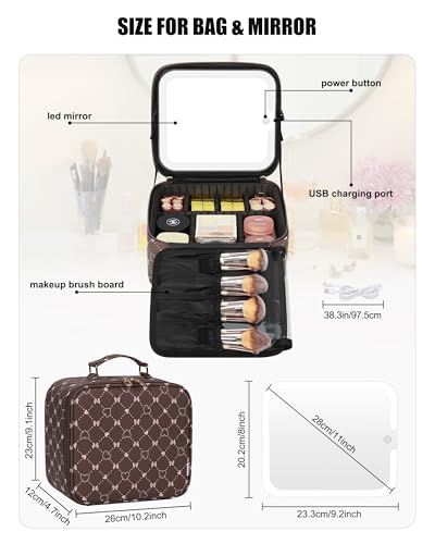 Relavel Travel Makeup Bag With LED Mirror, Brown Bowknot - color: 03-Brown Bowknot, size: 1-Small