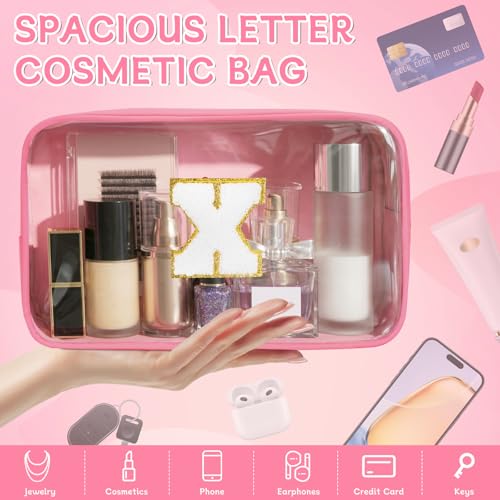 Initial Clear Makeup Bag, Birthday Gift Chenille Patch Cosmetic Bag - color: Pink, size: X