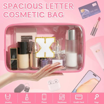 Initial Clear Makeup Bag, Birthday Gift Chenille Patch Cosmetic Bag - color: Pink, size: X