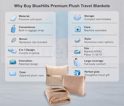 BlueHills Premium Soft Travel Blanket Pillow Airplane Throws Packable Beige - color: Beige-1pk-t005