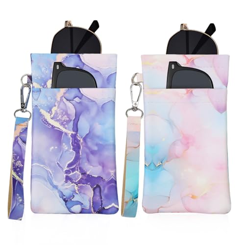 Double Eyeglass Case Soft Dual Glasses Case for Women Men Travel Squeeze Top Sunglasses Cases Eyeglasses Pouch - color: Pink+purple Marble