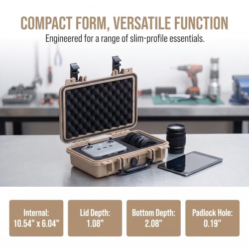 MEIJIA Portable All Weather Waterproof Protective Hard Case, Small Camera Case,Dry Case with Customizable Foam,Fit Use of Drones, Camera,Equipments, 11.65 ”x8.35”x3.78” - color: Desert Tan