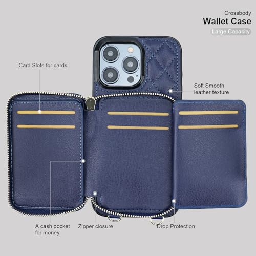 Bocasal Crossbody Wallet Case Card Holder for iPhone 14 Pro Max Dark Blue - color: Dark Blue