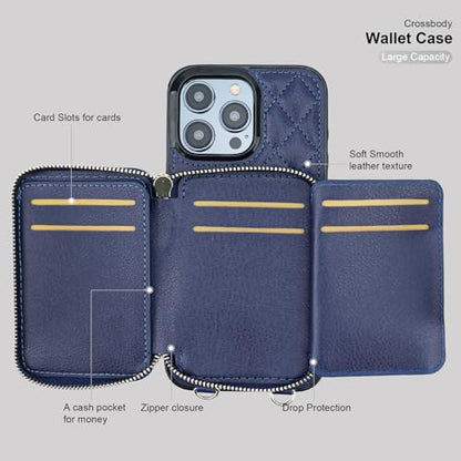 Bocasal Crossbody Wallet Case Card Holder for iPhone 14 Pro Max Dark Blue - color: Dark Blue