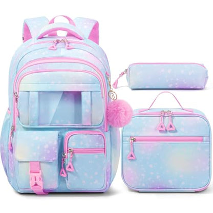Fimibuke Kids Backpack for School Girls, Waterproof Backpack w/Lunch Box - color: A3.Clear Sky Blue