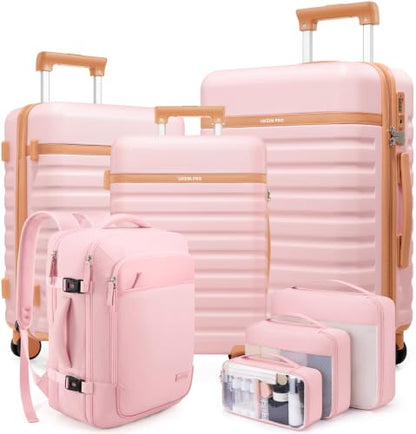 Luggage Sets 7 Piece,Hardside Large Checked Suitcase with Backpack Set - color: Pink, size: 7-Piece Sets