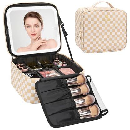 Relavel Travel Makeup Bag With LED Mirror, Cosmetic Train Case with Handle - color: 01-Plaid, size: 1-Small