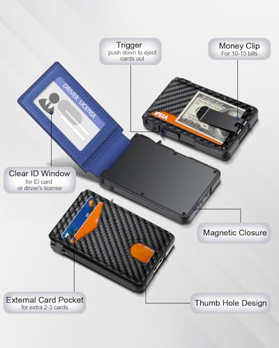 Wallet for Men, Mens Minimalist Wallet 9-13 Cards, Slim Compact RFID Wallet - color: Carbon Fiber & Blue