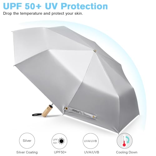 G4Free Windproof Travel Umbrella with Large Wooden Handle 46" Canopy - color: Silver/Sky