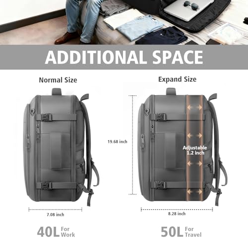 Travel Backpack for Men, 50L Expandable Large Carry On TSA Backpack, Grey - color: Grey