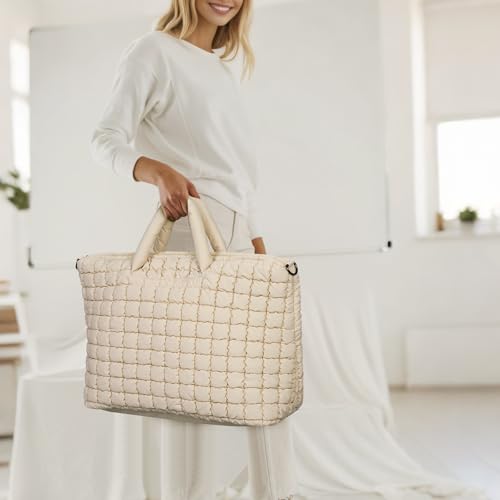 Quilted Duffle Bag for Travel, Large Puffer Duffel Weekender Bags Soft Gym Tote, Big Puffy Carry on Luggage Overnight - color: Beige