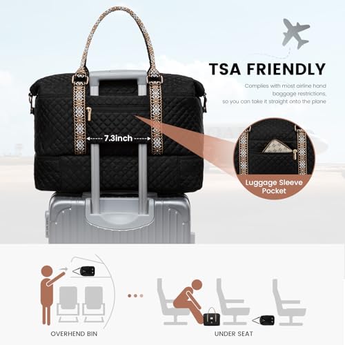 LOVEVOOK Travel Duffle Bag,Weekender Bags for Women with Shoe Compartment - color: Black-tape2, size: Large-2 Pcs