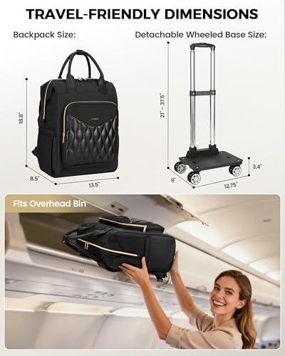 Ytonet Rolling Backpack for Women, 15.6 Inch Laptop Backpack with 4 Wheels - color: Black