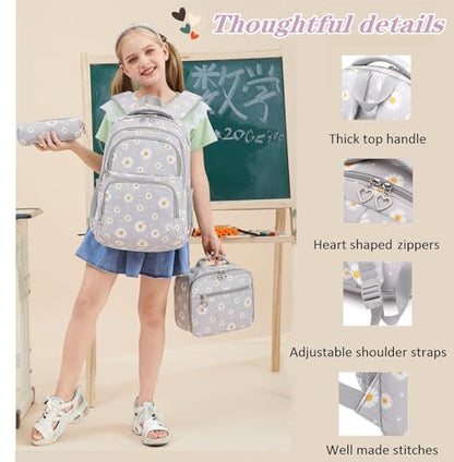 3Pcs Flower Daisy Backpack for Girls with Lunch Box Kids School Bag - color: 3pcs-gray