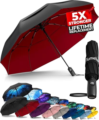 TUMELLA Strongest Windproof Travel Umbrella (Compact, 100MPH Wind-Tested), Light, Portable, One-Handed Use, Automatic Folding Rain Umbrella, Durable, Premium Grip, Fits Car & Backpack - color: 1-pack Burgundy (black / red)