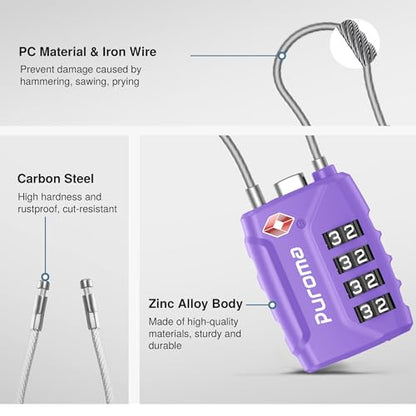 Puroma 2 TSA Approved Luggage Locks 4 Digit Code Cable Lock Basic Purple - color: Basic Purple