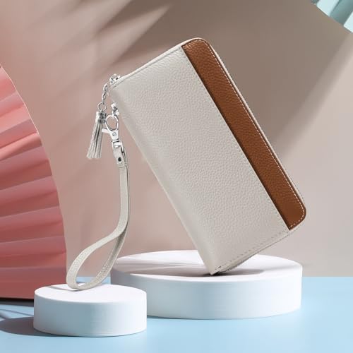 Moflycom Womens Wallet RFID Blocking Genuine Leather Zip Clutch Wristlet - color: Z2 Brown1/Beige1