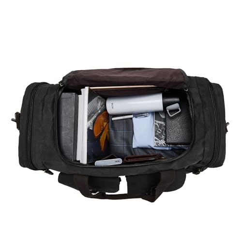 Waxed Canvas Duffel Bag with Shoe Compartment | Waxed Canvas Travel Bag for Men, Genuine Leather Trim, Shoe Compartment, Front Pockets, Weekend, Overnight and Carry-On Use - color: Black