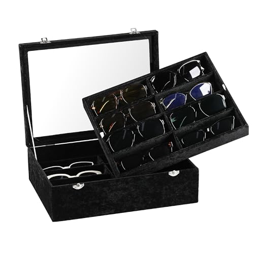 Frebeauty 16-Slot Sunglass Organizer Box,2 Layer Velvet Sunglasses Holder - color: Black