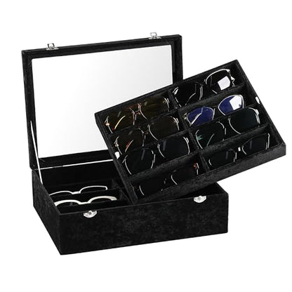 Frebeauty 16-Slot Sunglass Organizer Box,2 Layer Velvet Sunglasses Holder - color: Black