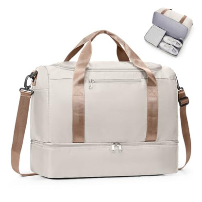 Small Travel Duffle Bag with Shoe Compartment, 35L Personal Item Bag - color: A-Beige & Brown, size: Small