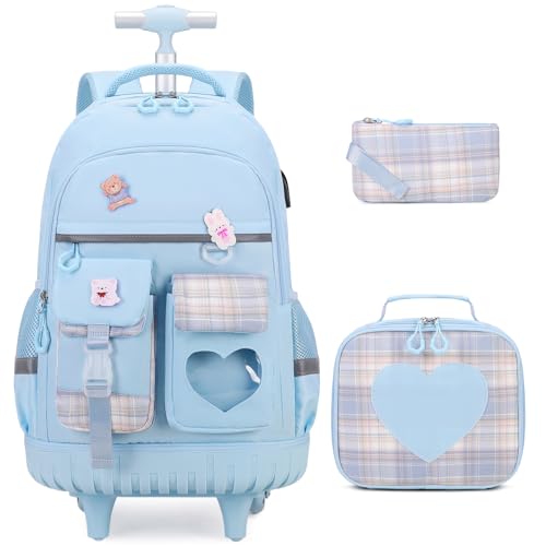 ACESAK 3PCS Rolling Backpack for Girls Children, Girls Backpack with Wheels - color: Blue