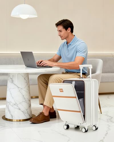 Joyway 20 Inch Carry On Luggage with Front Pocket and Cup Holder, White - color: Beige