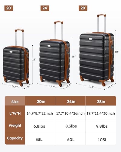 Suitour Luggage 3 Piece Sets Hard Shell Luggage Set with Spinner Wheels, TSA Lock, 20 24 28 inch Travel Suitcase Sets (Black Brown) - color: Black Brown, size: 3-Piece Set (20/24/28)