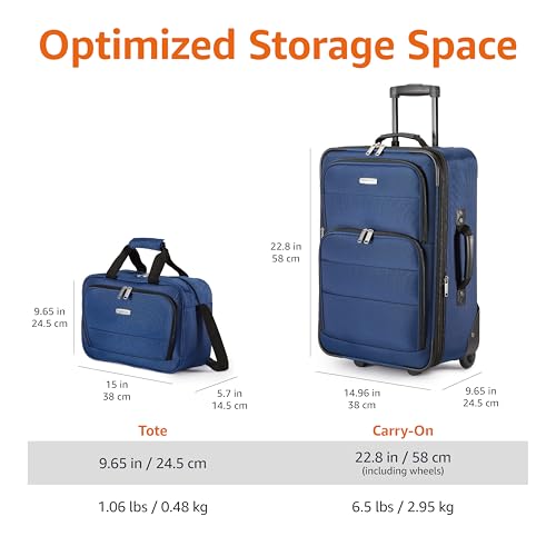 Amazon Basics Softside Luggage Set, 23-Inch Expandable Suitcase with Wheels and 15-Inch Tote, Extra Space (+15%), Front Pockets, Telescopic Handle, Navy Blue - color: Navy Blue