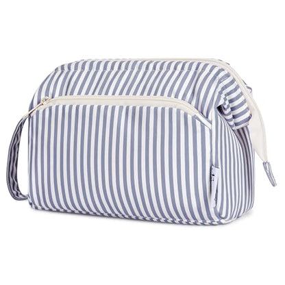 Narwey Travel Makeup Bag Toiletry Bag, Wide Open Cosmetic Bag for Women - color: D-Greyish Blue Stripe, size: Small