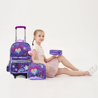 Meetbelify Girls Rolling Backpack Sequin Rolling Backpacks with Wheels for Girls for Elementary School Bag - color: A Purple Love