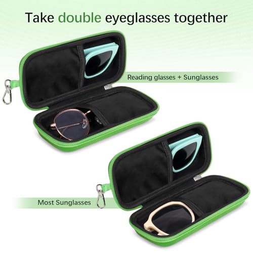 Double Eyeglasses Case for Dual Sunglasses, Hard Shell with Zipper - color: Green