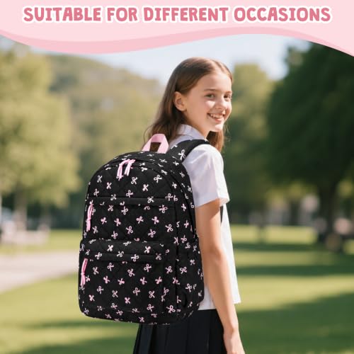 Quilted Backpack for Girls with Lunch Box Pencil Case - color: Black Bows