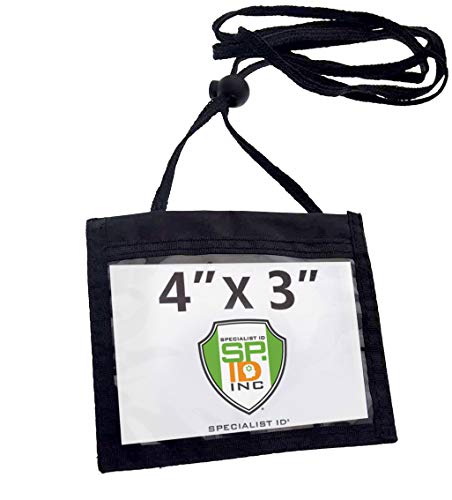5 Pack - Nylon Neck Wallet Badge Holder with Lanyard - 4 X 3 Credential & Travel Badge Holder with 3 Pockets - Clear Plastic 4X3 Horizontal Window, Zipper Pouch + by Specialist ID - color: Black, size: 5 Pack