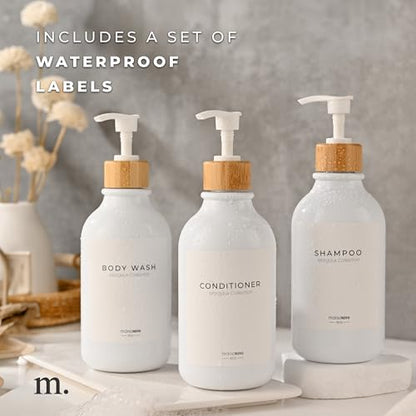MaisoNovo Refillable Shampoo and Conditioner Bottles| White Bamboo Set of 3 - color: White /Bamboo