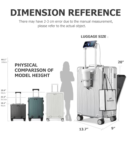 feilario PC Hardside Carry On Luggage, Aluminum Frame, TSA Lock, Cup Holder - color: A-Silver