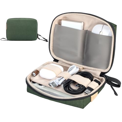 Electronics Travel Organizer, Compact Charger Case | Soft padded polyester helps protect cables, power banks, adapters and earbuds from light splashes and daily scratches - color: Green