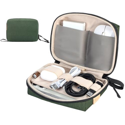 Electronics Travel Organizer, Compact Charger Case | Soft padded polyester helps protect cables, power banks, adapters and earbuds from light splashes and daily scratches - color: Green