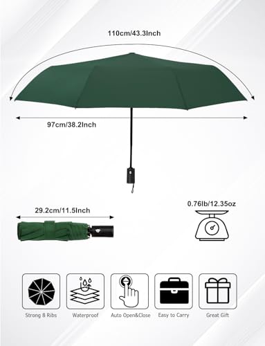 Windproof Travel Umbrella, Automatic Compact Folding Umbrella, Small Travel Size Umbrella for Rain, Backpack & Everyday Carry - color: Dark Green