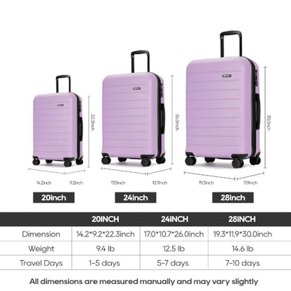 GinzaTravel 3-Piece Purple ABS Hardside Luggage Set 20"/24"/28" Suitcases