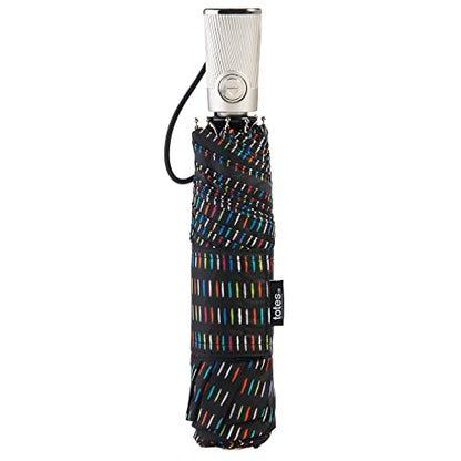 totes Automatic Eco Open Close Water-Resistant Travel Folding Umbrella with Sun Protection - color: Multi Dash