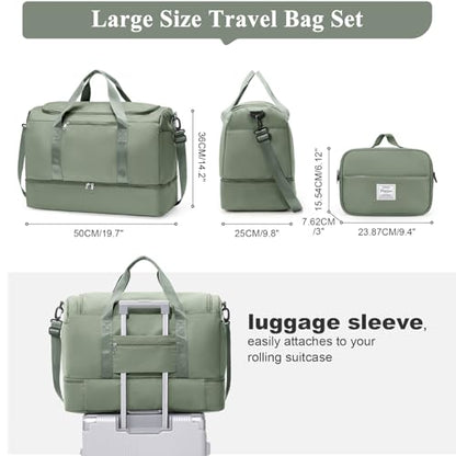 Large Travel Duffel Bag with Shoe Compartment, Weekender Bags for Women - color: B-Green with Toiletry Bag, size: Large