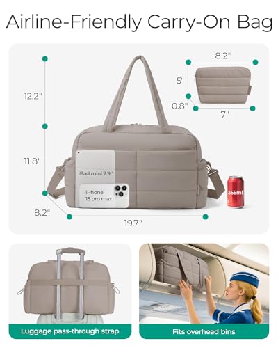 BAGSMART Gym Bag for Women, 2-PC Puffer Travel Duffle Bag Carry On Tote Bag - color: Cherry print
